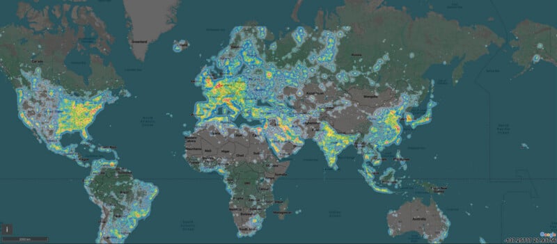 A world map shows areas with varying light pollution; bright yellow and white regions indicate high pollution in parts of North America, Europe, India, and East Asia, while darker areas show low pollution.