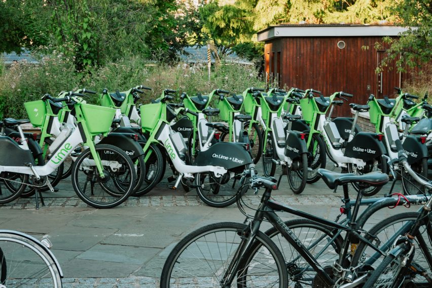 Lime bikes in a park