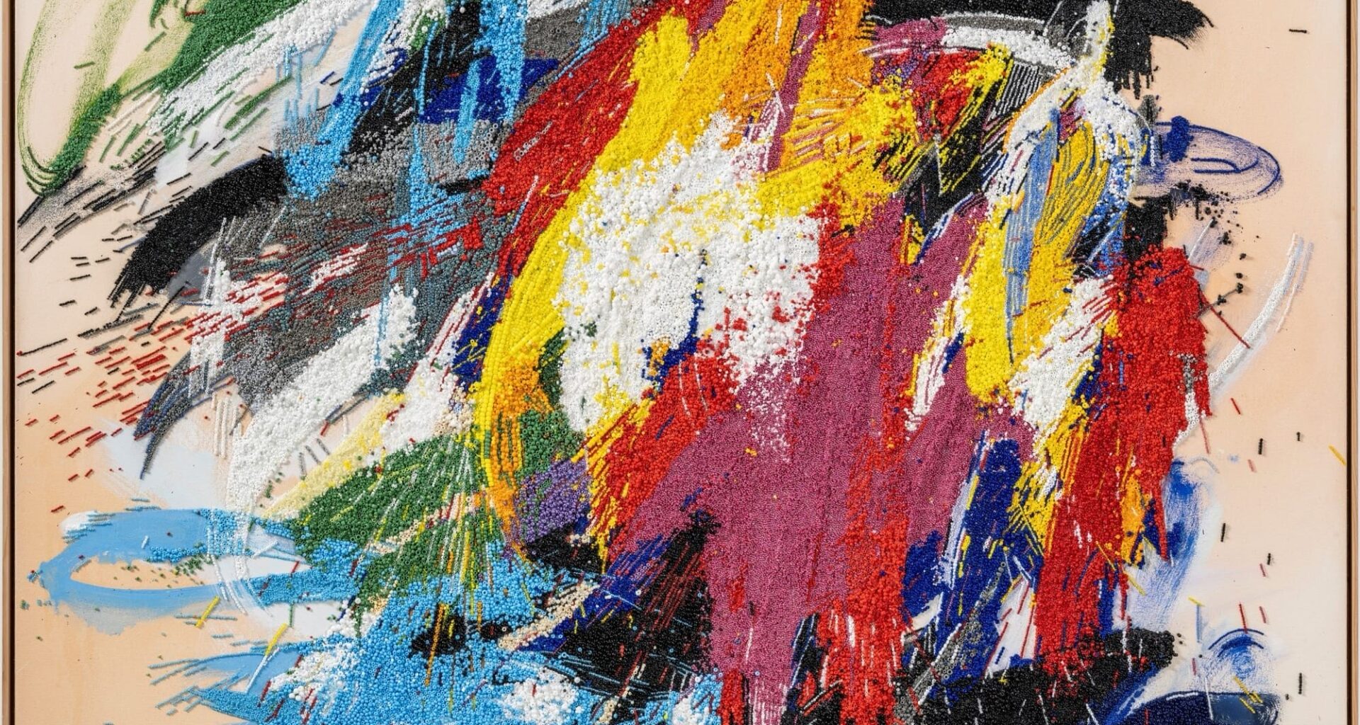 An Abstract Expressionist mixed-media painting by Liza Lou with thousands of colorful beads representing brushstrokes