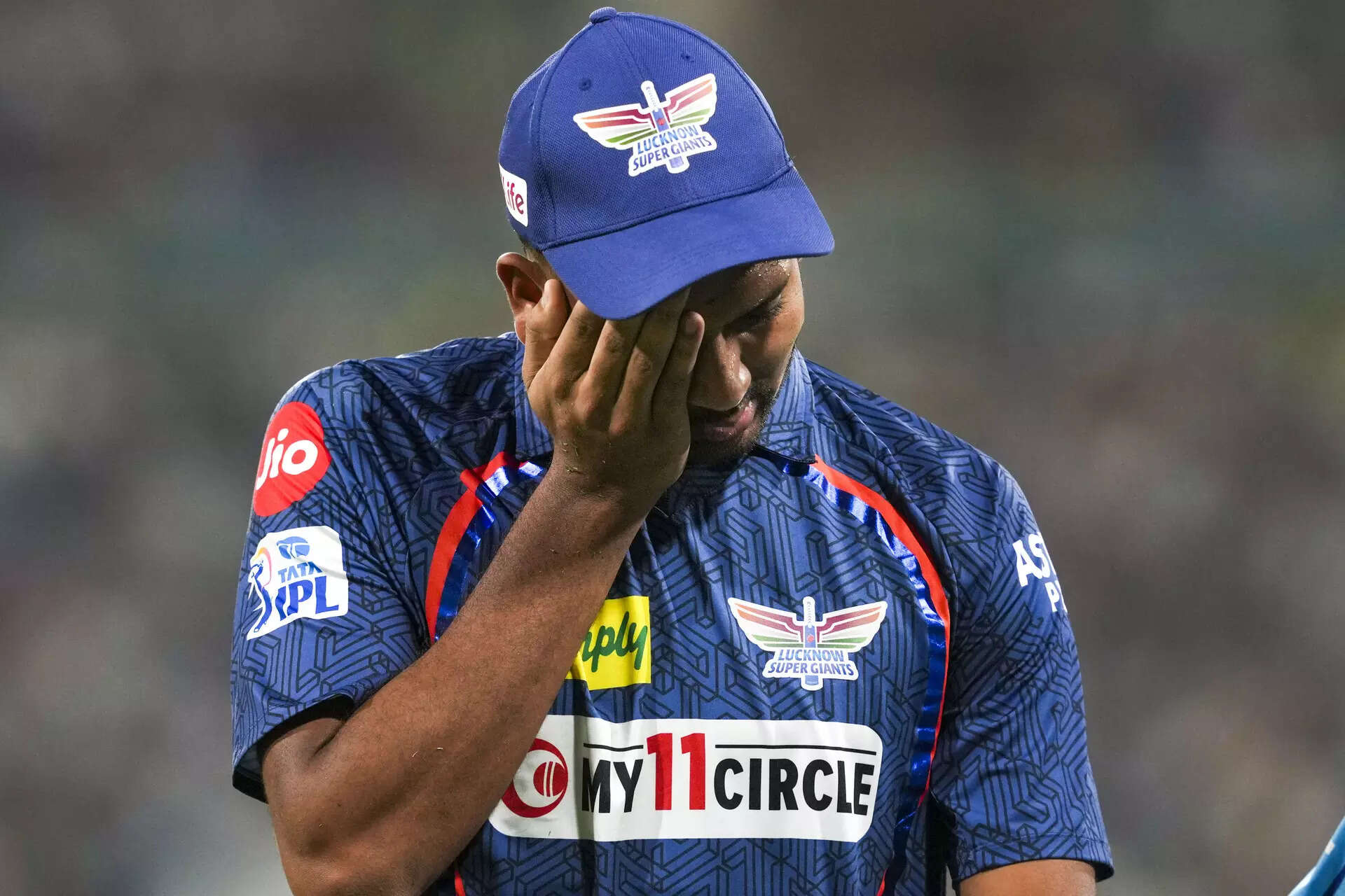 Lucknow: Lucknow Super Giants player Mohsin Khan injured during the Indian Premi...