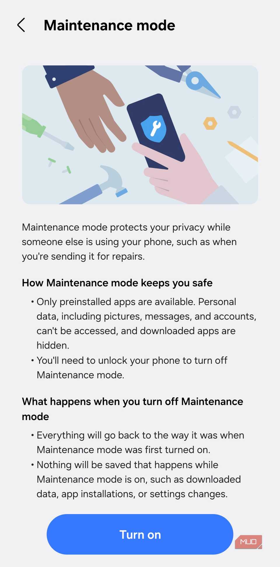Maintenance mode on Samsung phone