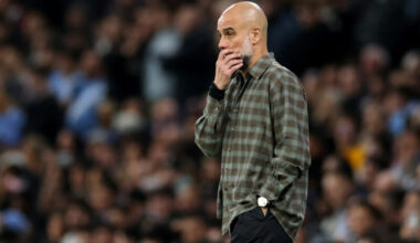 MANCHESTER, ENGLAND - MARCH 17: Pep Guardiola, Manager of Manchester City, looks on during the UEFA Champions League 2025/26 Round of 16 Second Leg...