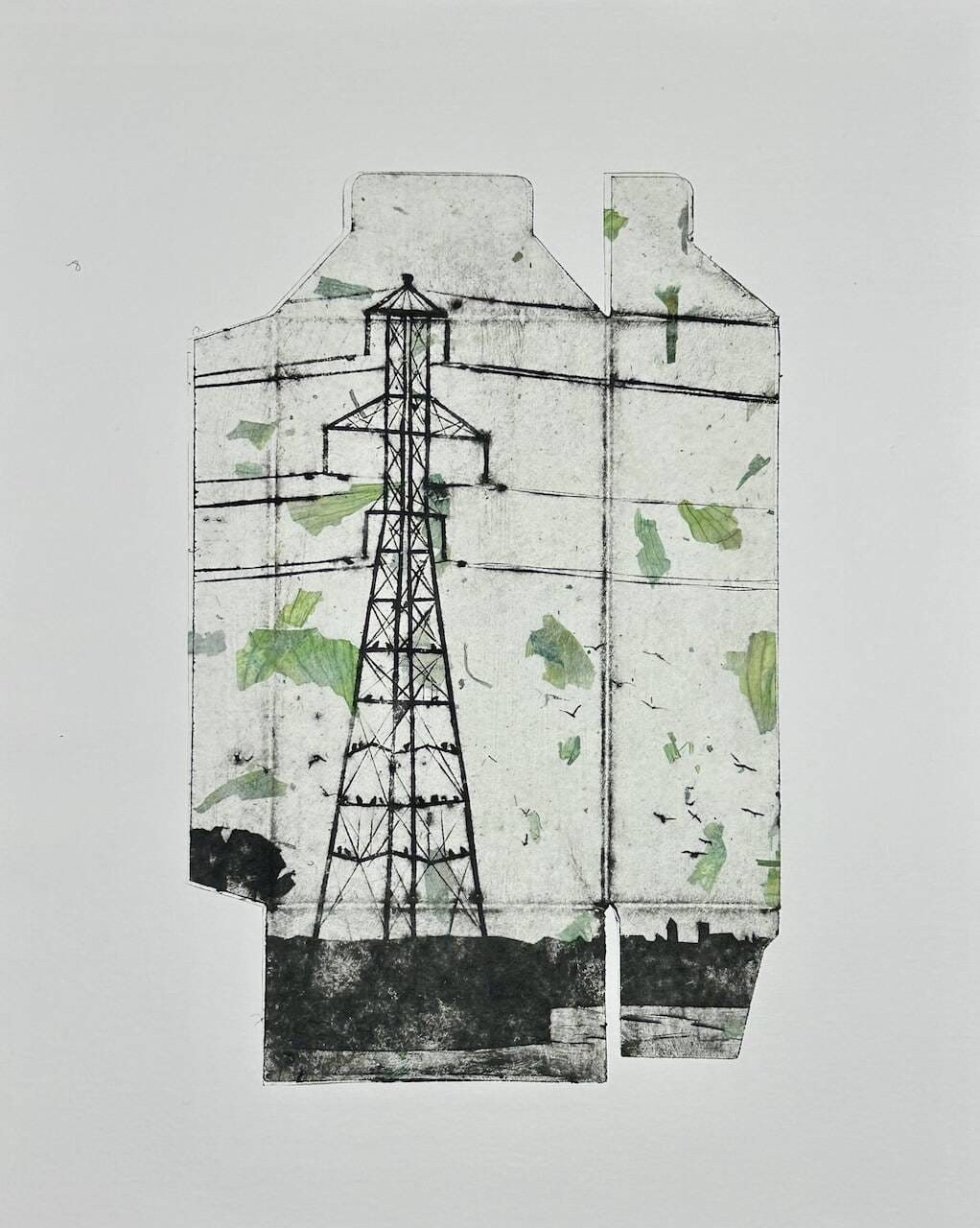 a collagraph print made in the outline of a small, flattened, cardboard carton with imagery of an electrical pylon