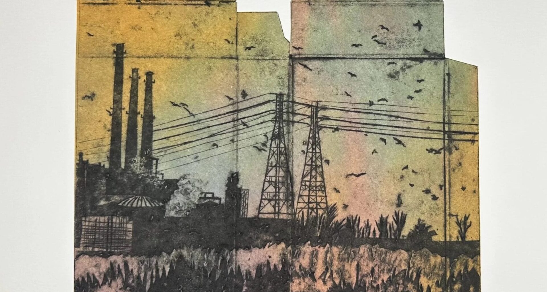 a collagraph print made in the outline of a small, flattened, cardboard carton with imagery of birds in the air and huge electrical pulons
