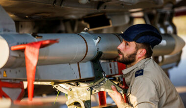 RAF armourers load a Meteor air-to-air missile from MBDA onto a Typhoon before a sortie in the Middle East.