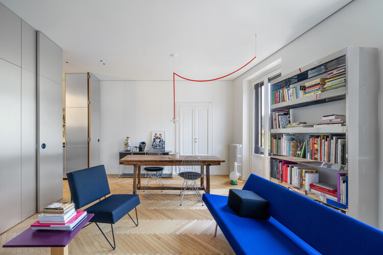 MMMM Apartment / depaolidefranceschibaldan architetti - Interior Photography, Living Room, Wood, Shelving, Table, Lighting, Chair