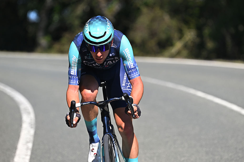 Front shot of Antonio Tiberi riding on his own during a stage race