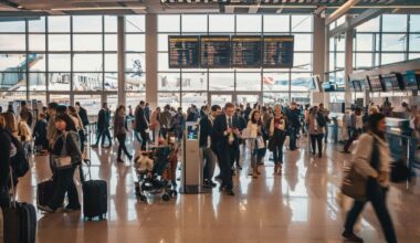 Busy airport terminal with travelers and luggage at heathrow.