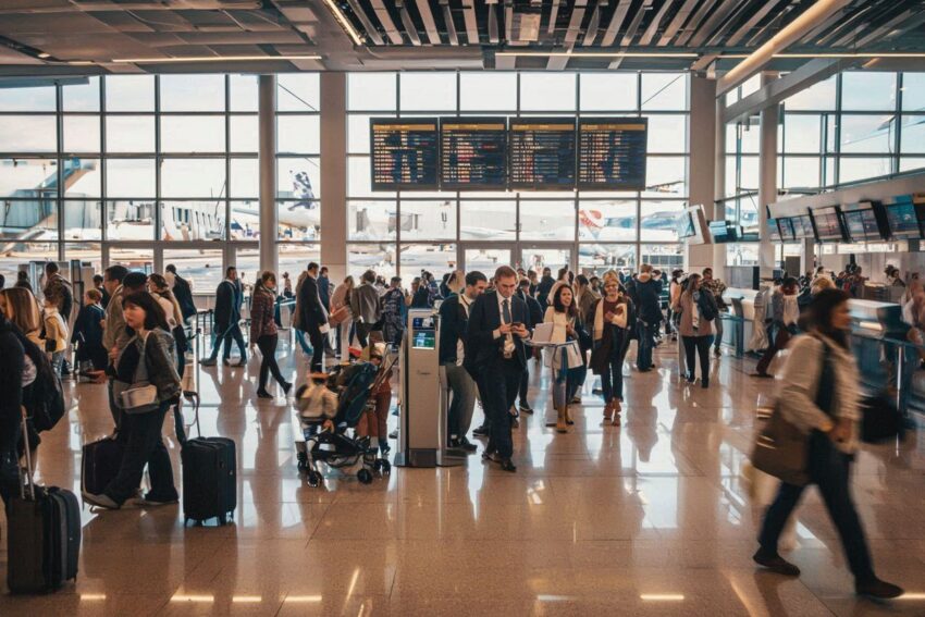 Busy airport terminal with travelers and luggage at heathrow.