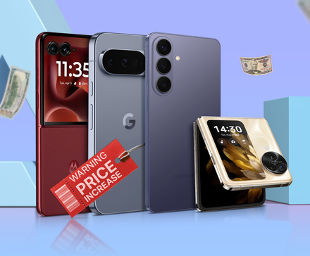 Multiple modern smartphones with a red 'Price Increase' warning tag and falling dollar bills in the background.