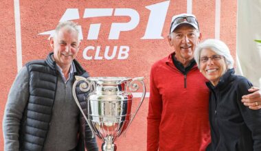 Thomas Muster with Ray Sahag and Walker Sahag alongside the ATP Year-end No. 1 presented by PIF trophy.