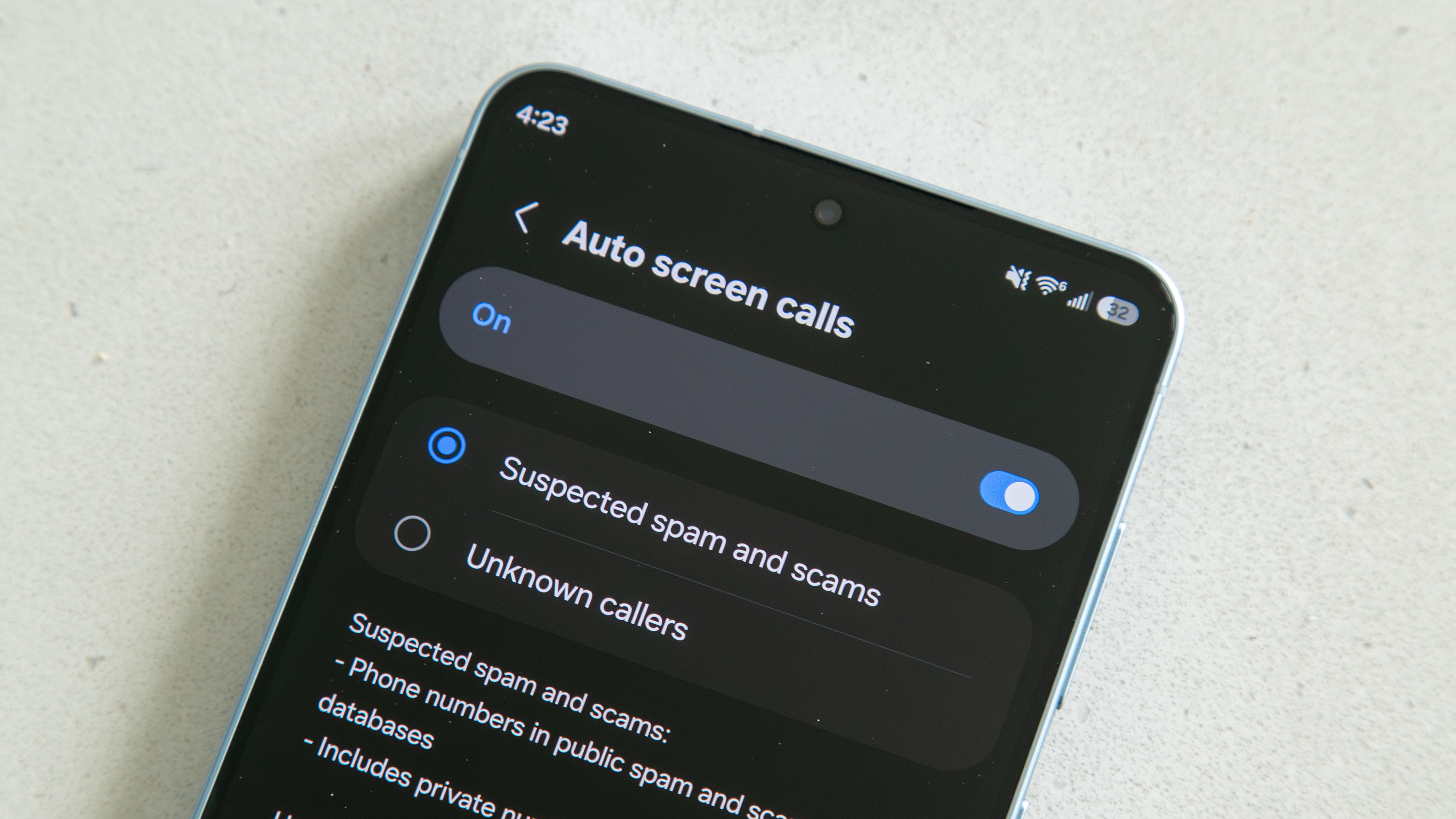 Call Screening settings on the Galaxy 26 Plus