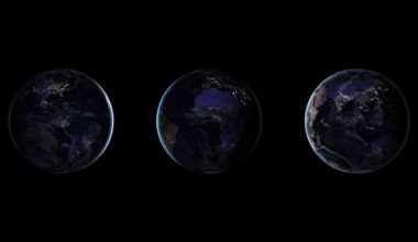 Three views of Earth from space at night, showing illuminated city lights across the continents against a dark background, with North and South America, Africa, and Eurasia visible from left to right.