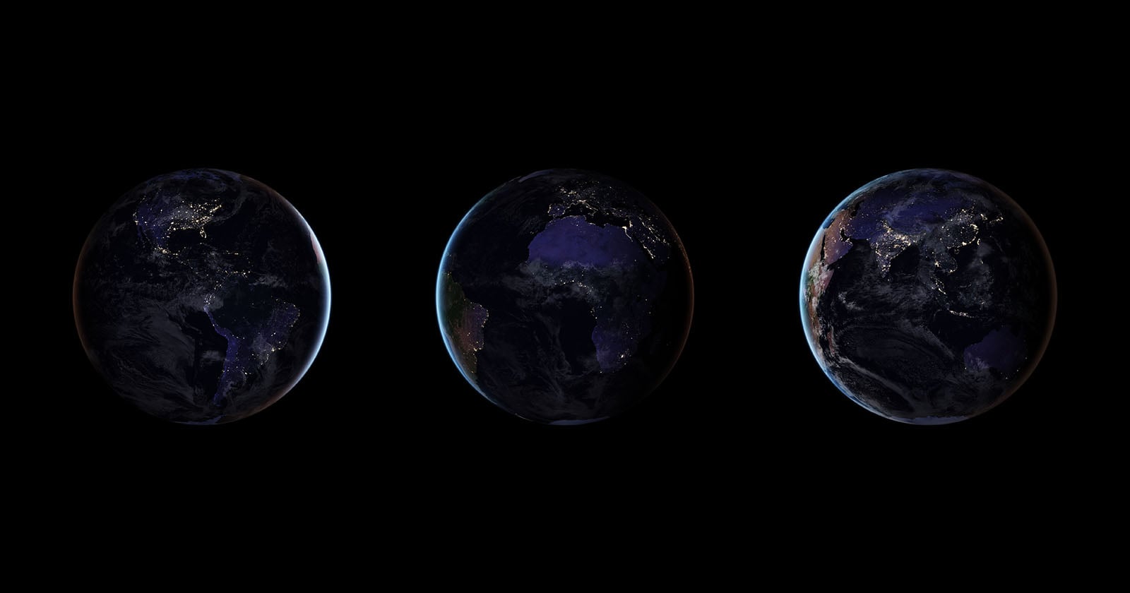 Three views of Earth from space at night, showing illuminated city lights across the continents against a dark background, with North and South America, Africa, and Eurasia visible from left to right.