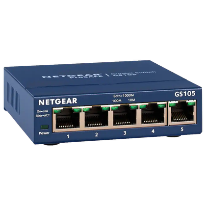 A Netgear five-port unmanaged switch in a transparent square render.