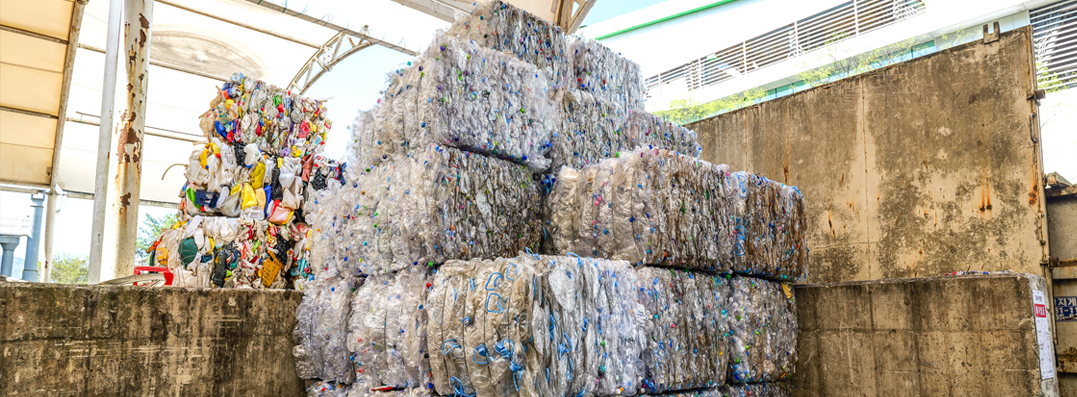 Plastic bottles are compressed into blocks and stored at a recycling facility in Yangju, Gyeonggi Province. (Yangju Urban Corp.)