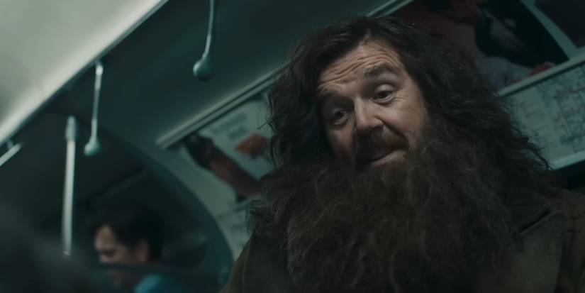 Nick Frost as Hagrid on the London Underground in HBO's Harry Potter (2026)