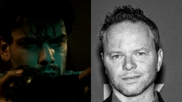 A split image featuring a close-up of a man intently looking at a camera, and a headshot of Noah Hawley, a filmmaker known for his work on 'Fargo', with short hair and a serious expression. The background is dark, emphasizing the subjects.