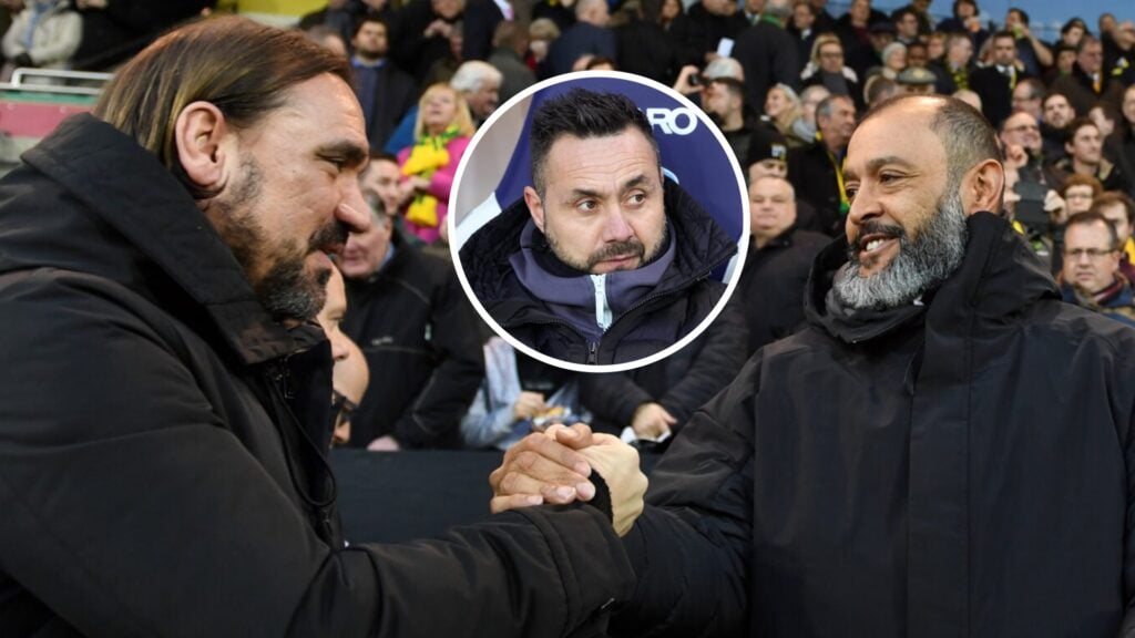 West Ham boss Nuno Espirito Santo and Leeds manager Daniel Farke. Inset, Spurs boss Roberto De Zerbi