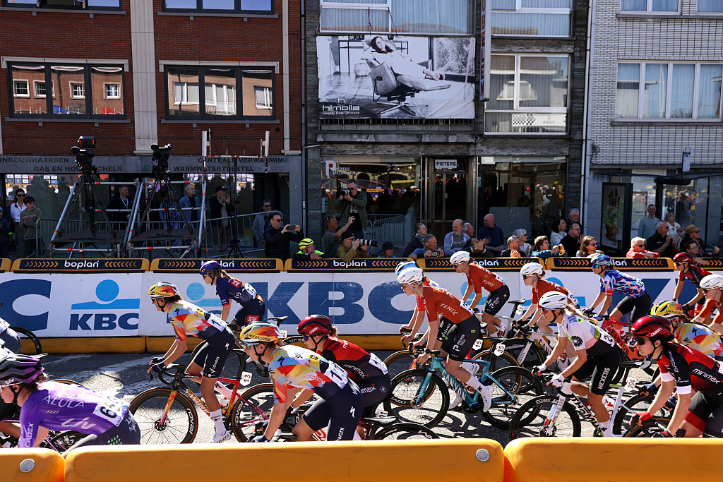 SCHOTEN, BELGIUM - APRIL 08: A general view of the peloton prior to the 6th Scheldeprijs 2026, Women's Elite a 130.3km one day race from Schoten to Schoten / #UCIWWT / on April 08, 2026 in Schoten, Belgium. (Photo by Rhode Van Elsen/Getty Images)
