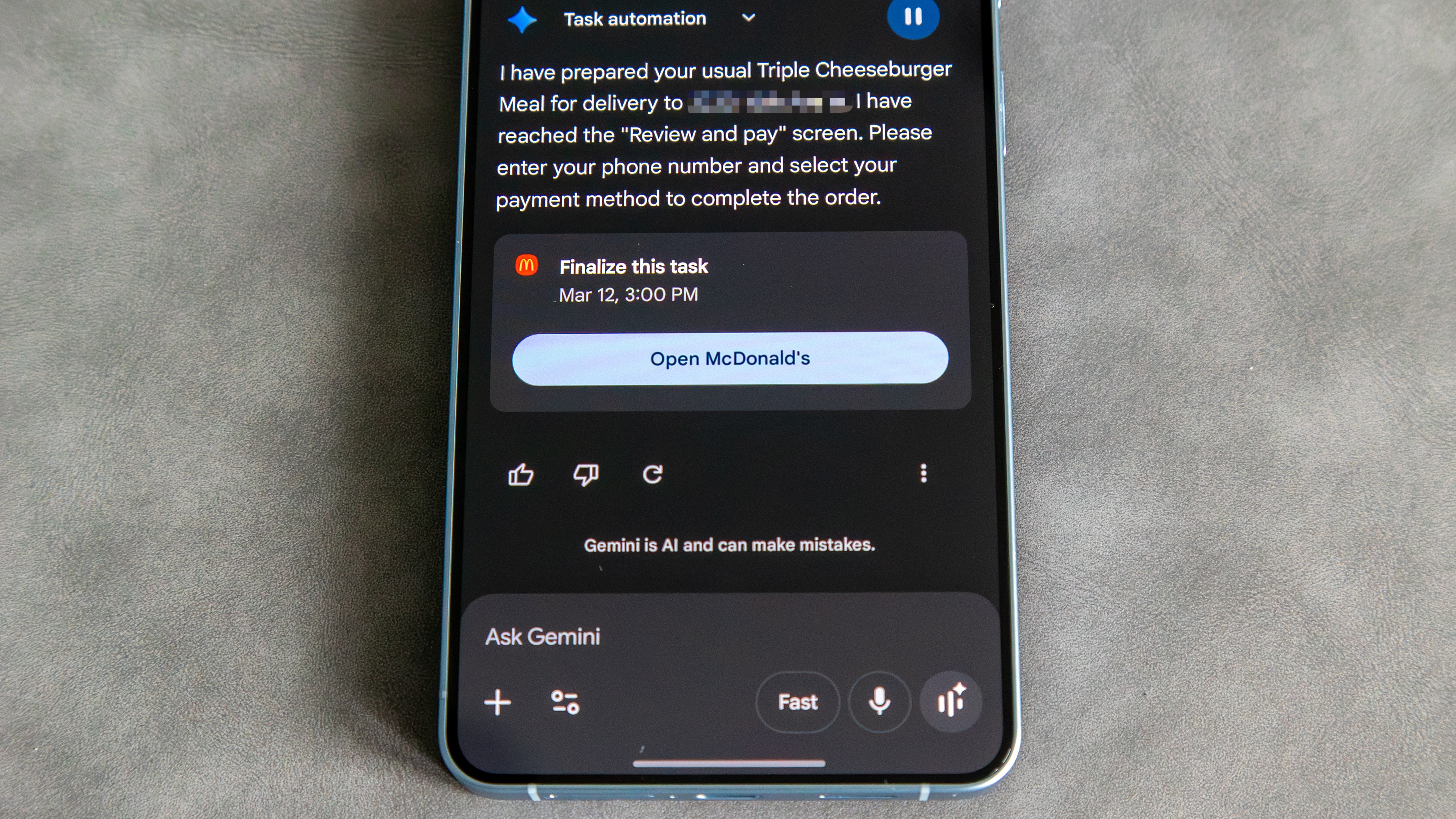 Gemini completing an automated food order on the Galaxy S26 Plus