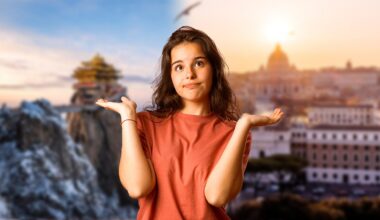 A young woman shrugs with images of China and the Vatican City behind her