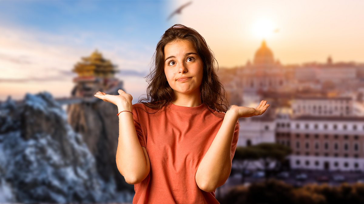 A young woman shrugs with images of China and the Vatican City behind her