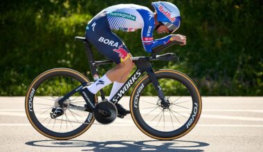 Side shot of Primoz Roglic riding in an aero position on a TT bike during the opening time trial at Itzulia Basque Country 2026