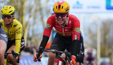 Kamilla Aasebo crosses the finish line during the 2026 Omloop Het Nieuwsblad