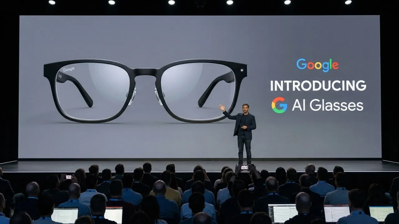 Person navigating a city street using the heads-up display on Google Gemini smart glasses
