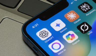 Portland, OR, USA - May 2, 2025: Assorted AI apps, including ChatGPT, Gemini, Claude, Perplexity, Meta AI, Microsoft Copilot, and Grok, are seen on the screen of an iPhone.