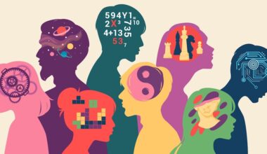 Stylized illustration of seven colorful human silhouettes in profile, each with different symbols inside their heads (gears, planets, math equations, chess pieces, music) representing diverse minds.