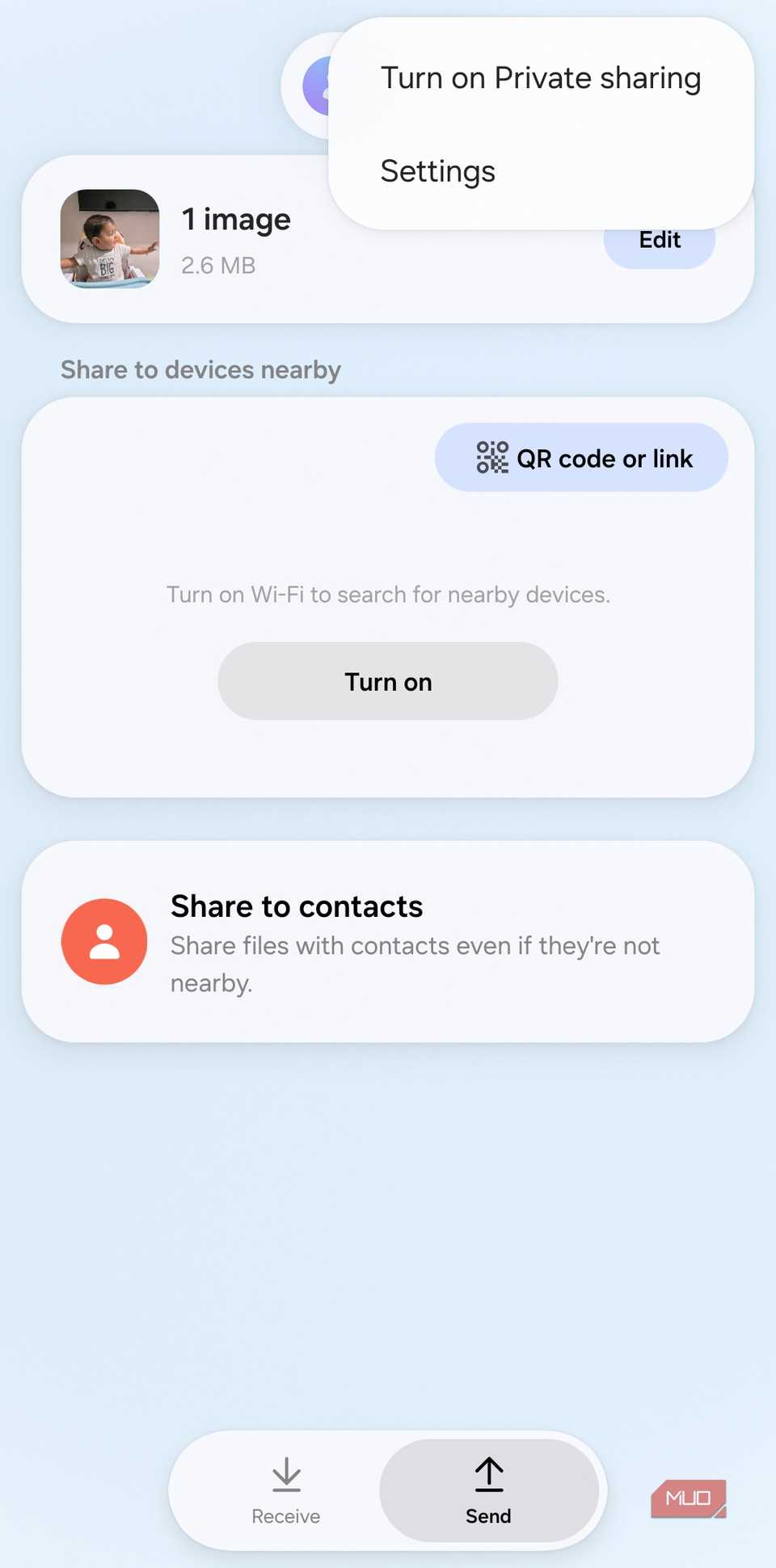 Private sharing option on Samsung phone