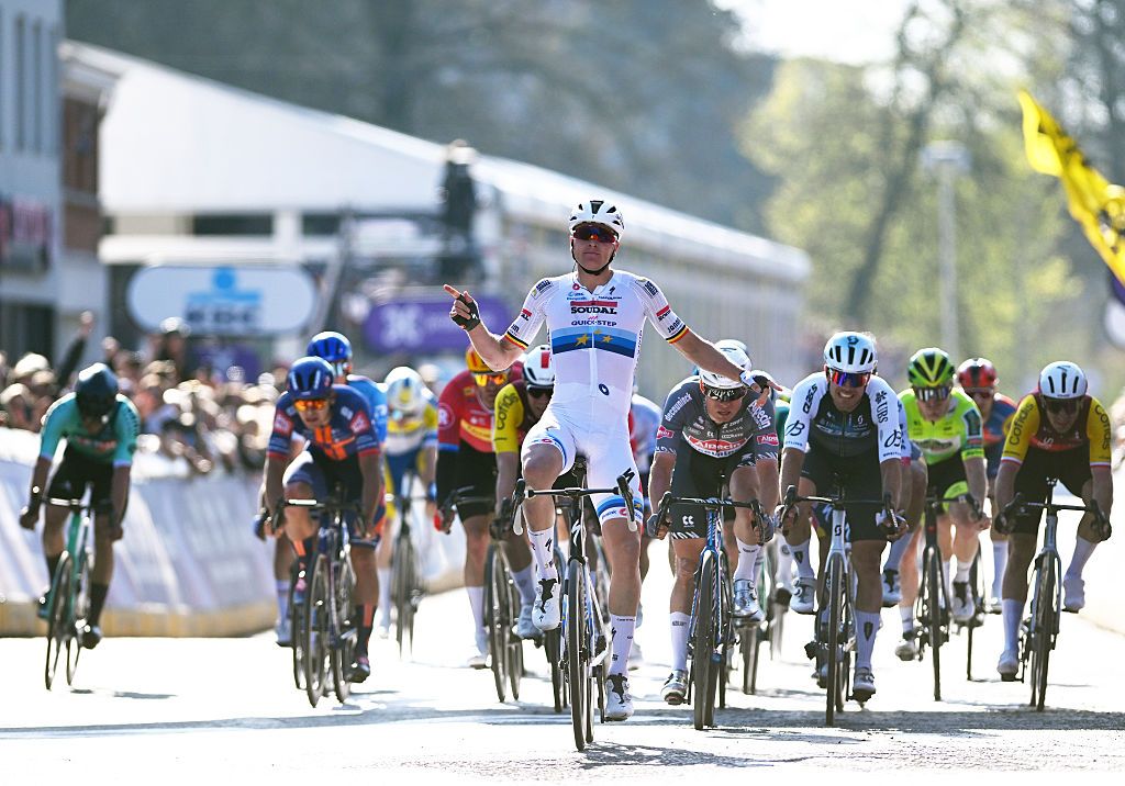 Tim Merlier of Belgium and Team Soudal Quick-Step celebrates at finish line as race winner during the 113th Scheldeprijs 2025