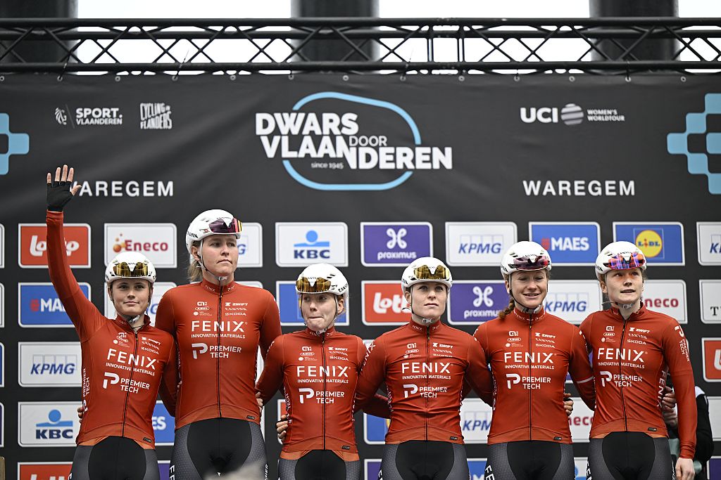 Fenix-Premier Tech riders pictured at the start of the women elite race of the 'Dwars Door Vlaanderen' cycling event, 128,9km from Roeselare to Waregem, Wednesday 01 April 2026.BELGA PHOTO TOM GOYVAERTS (Photo by Tom Goyvaerts / BELGA MAG / Belga / AFP via Getty Images)