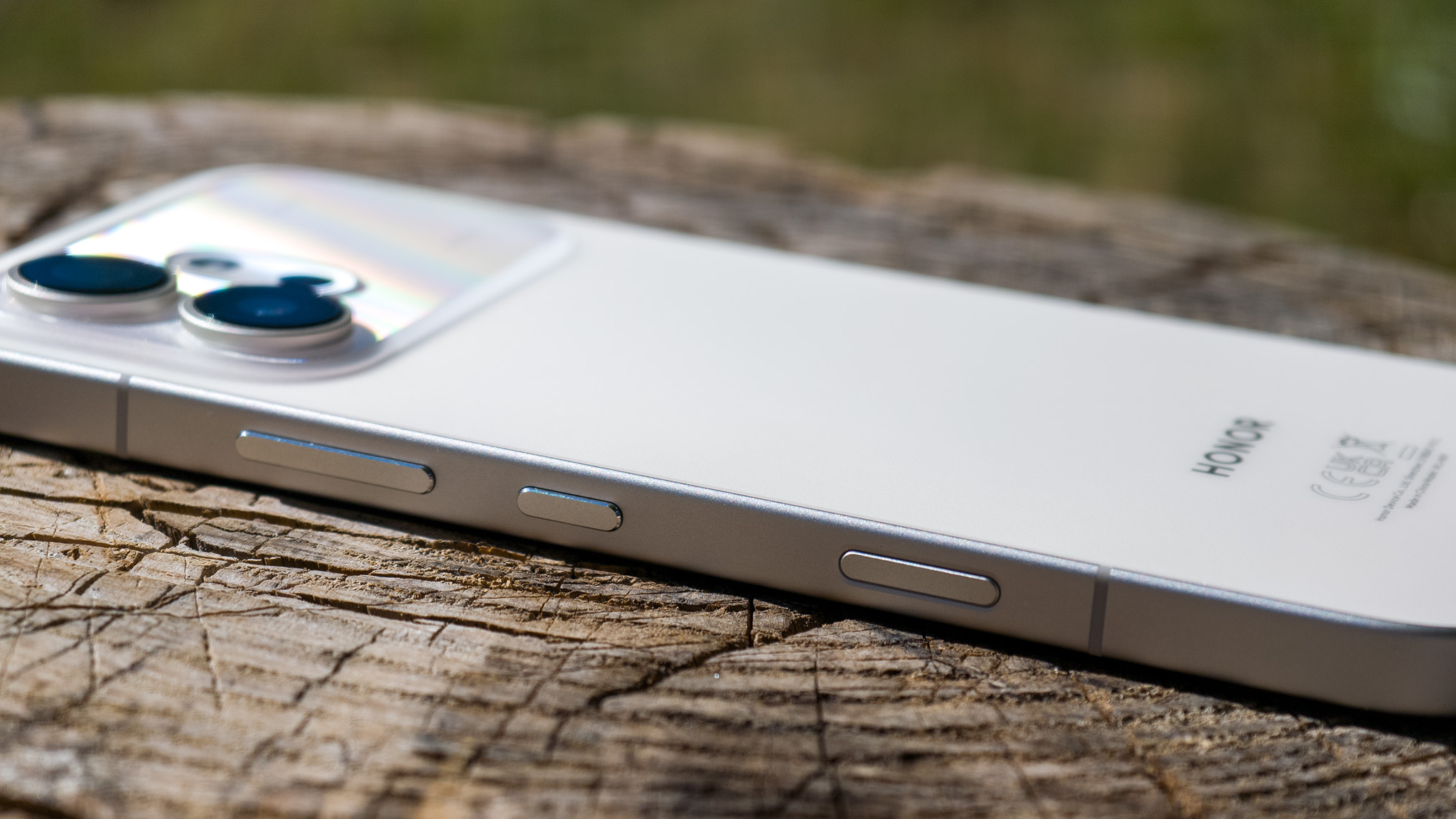 A close-up of the Honor 600's hardware in the white colorway