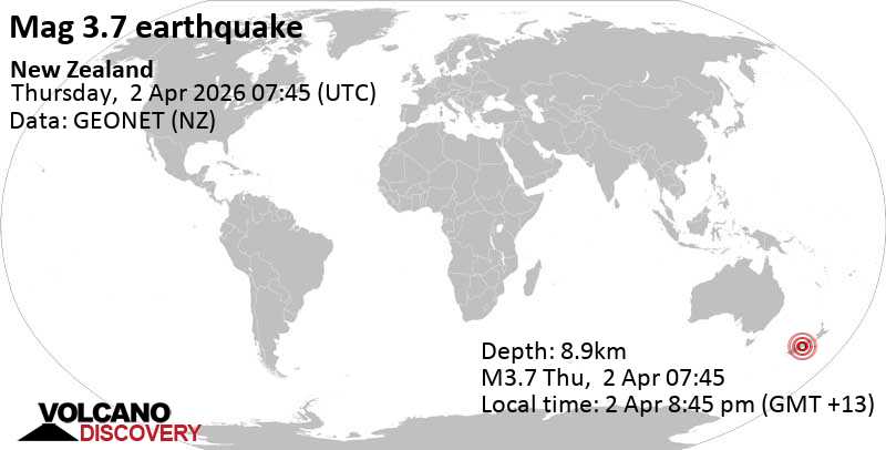 3.7 quake 43 km north of Ashburton, Canterbury, New Zealand, Apr 2, 2026 08:45 pm (GMT +13)