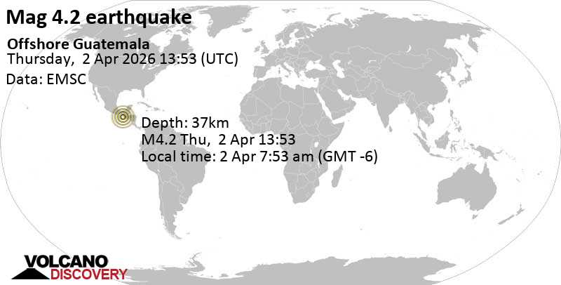 4.2 quake North Pacific Ocean, 46 km southwest of Coatepeque, Guatemala, Apr 2, 2026 07:53 am (GMT -6)