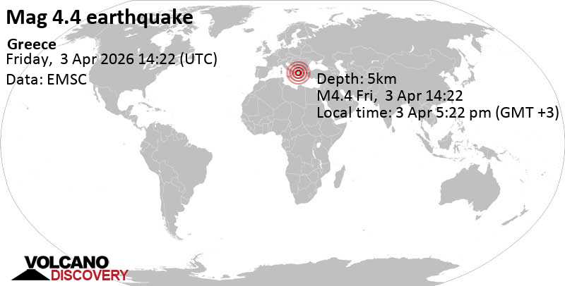 4.4 quake 24 km west of Ioannina, Ioannina, Epirus, Greece, Apr 3, 2026 05:22 pm (Athens time)
