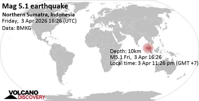 5.1 quake Kabupaten Gayo Lues, Nanggroe Aceh Darussalam Province, 98 km west of Binjai, Indonesia, Apr 3, 2026 11:26 pm (Jakarta time)