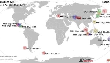 Worldwide earthquakes above magnitude 3 during the past 24 hours on  3 Apr 2026