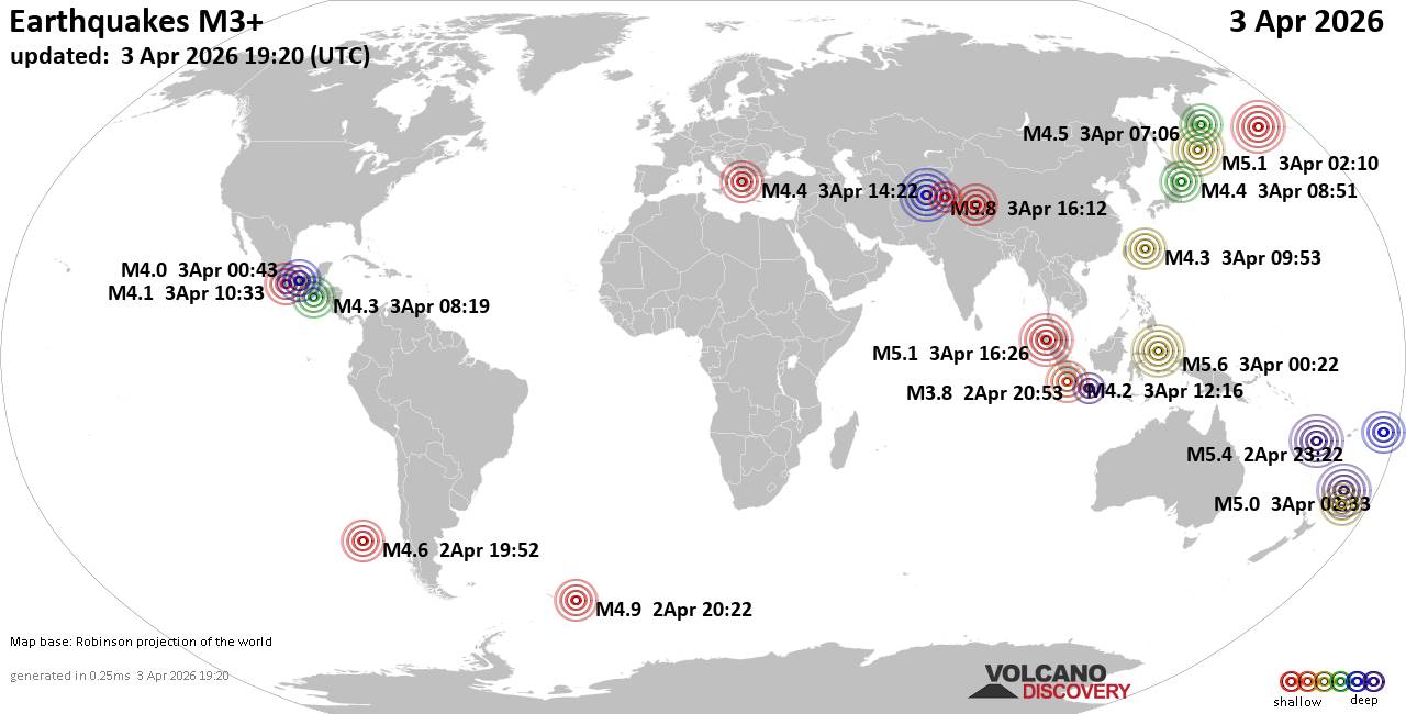 Worldwide earthquakes above magnitude 3 during the past 24 hours on 3 Apr 2026