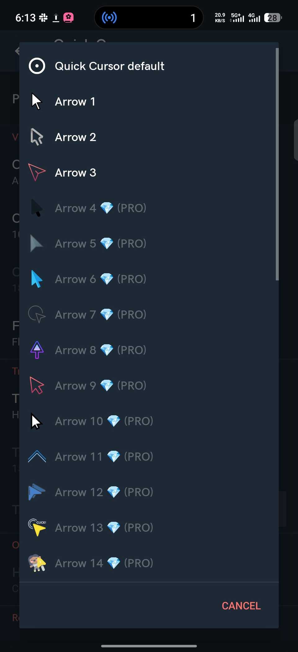 List of different cursor designs with only three unlocked on Quick Cursor app