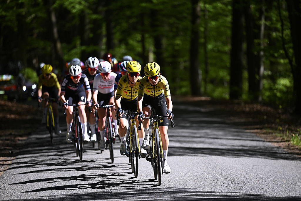 Marion Bunel leads her Team Visma- Lease a Bike team mate Pauline Ferrand-Pr&eacute;vot during the 10th Liege - Bastogne - Liege Femmes. (Photo by Luc Claessen/Getty Images)