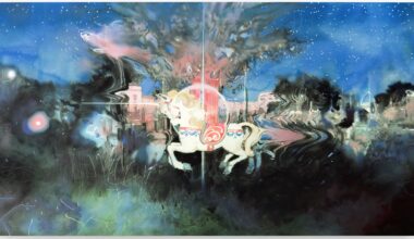 a mixed-media watercolor painting of a shimmering carousel with colorful horses, with buildings and trees in the background