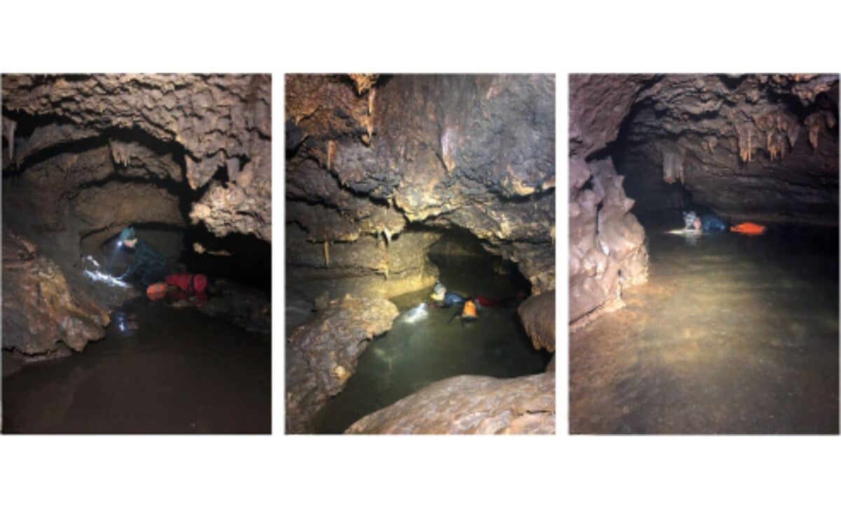 Researchers Navigate Bender's Cave's Low Ceilinged Stream Passages And Deeper Pools During Fossil Collection. © Quaternary Research