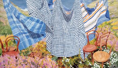 a painting by Monica Rohan of patterned fabrics floating in a lush landscape with bentwood chairs