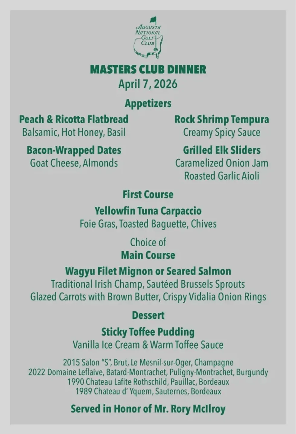 Rory McIlroy's Masters dinner menu