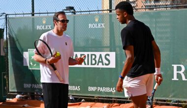 Greg Rusedski and Giovanni Mpetshi Perricard chat during a training session Sunday in Monte-Carlo.