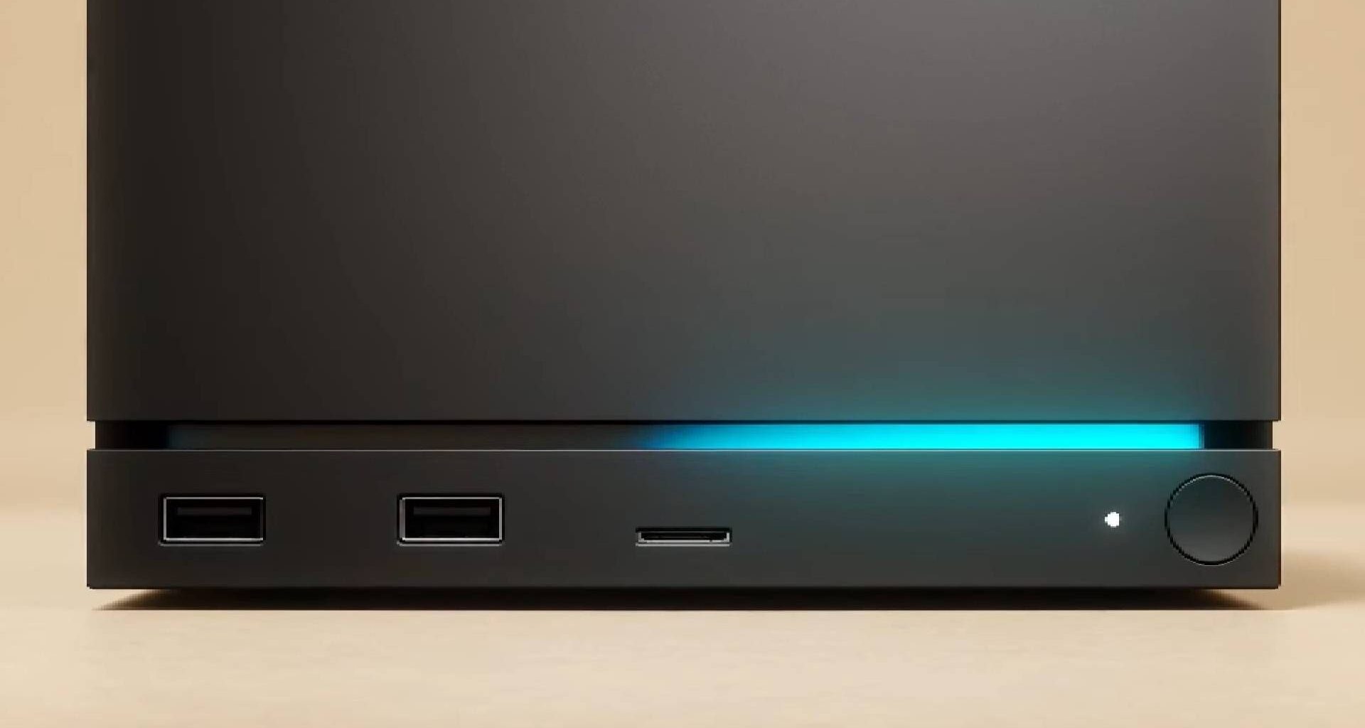 Close up of blue Steam Machine light bar with beige backdrop.